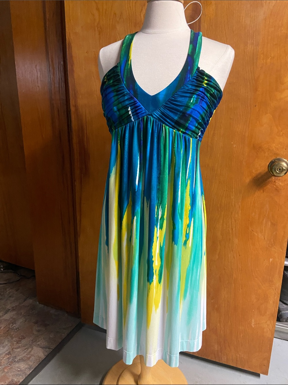 CALVIN KLEIN Paint Spill Pattern Dress Gathered Top MED Blue Yellow Green